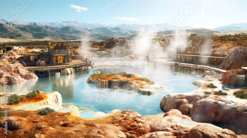 Thermal Mammoth hot springs. Natural sources of heat and mineral-rich waters, harnessed for heating and tourism infrastructure. Sustainable use of natural resources and renewable energy photo