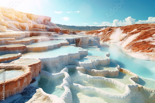 Terrace at Mammoth Hot Springs. Symbols of health and relaxation. The virtues of mineral waters and thermal baths for self care for well-being and rejuvenation. Yellowstone National Park