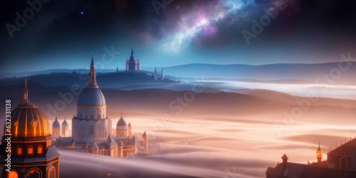 a castle in the background with a lot of fog around it and a star filled sky