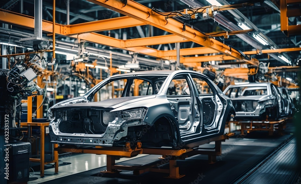 Mass production assembly line of modern cars in a busy factory. Generative AI. Mass production assembly line of modern cars in a busy factory. Generative AI.