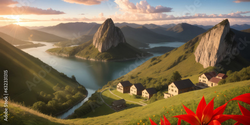 summer,sunrise,mountains and a wooden village on river,