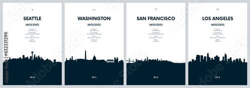 Travel vector set with city skylines Seattle, Washington, San Francisco, Los Angeles, detailed city skylines minimalistic graphic artwork