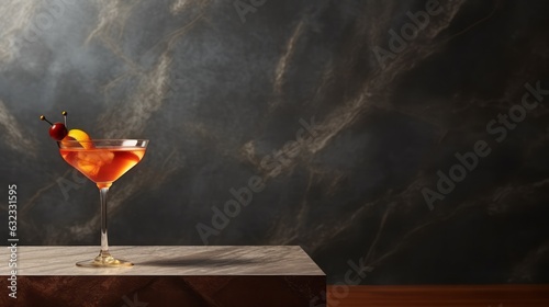 Manhattan cocktail. Elegant glass of a manhattan cocktail with dark background. Whiskey cocktail. Copyspace. Horizontal banner. Ai generated