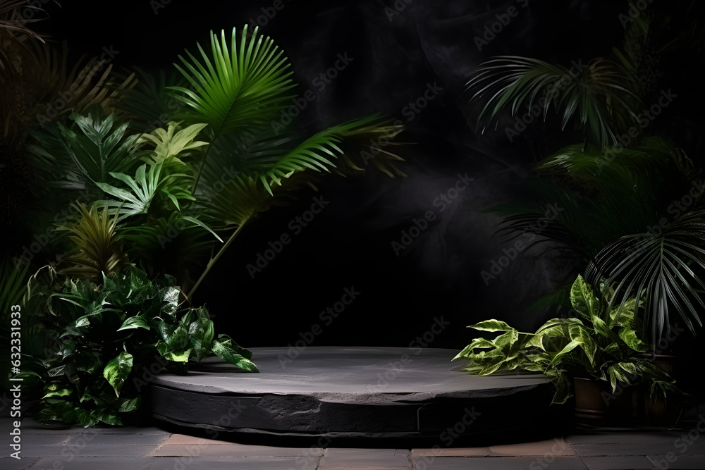 Fototapeta premium Empty black stone platform with tropical plants on dark background.Generative AI.