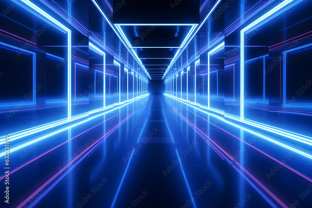 Futuristic corridor with glowing blue neon lights.Generative AI.