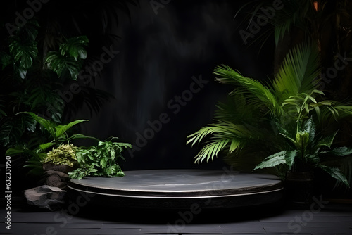 Empty black stone platform with tropical plants on dark background.Generative AI.