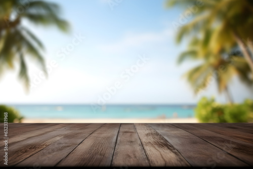 Empty black table top and blur tropical beach of the Background. For product display.Generative AI. © Wanna