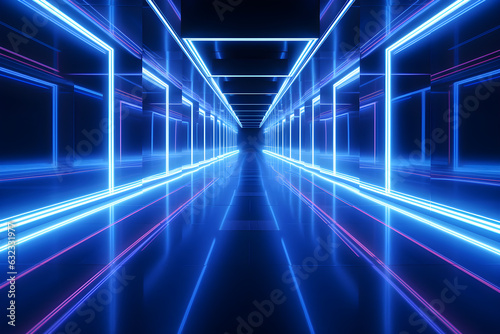 Futuristic corridor with glowing blue neon lights.Generative AI. © Wanna