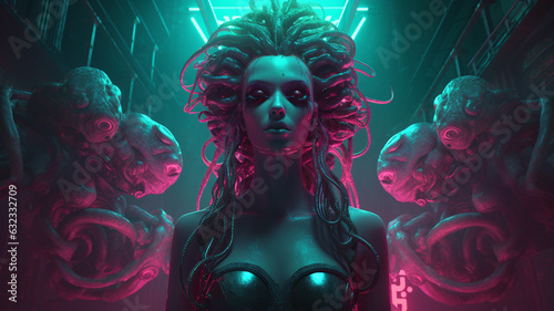 Wallpaper.  Ancient Medusa modern age. 16:9. Generative AI