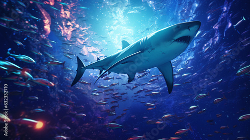 Shark in deep Ocean. Wallpaper. 16:9. Generative AI © Oleksii