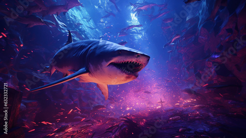 Shark in deep Ocean. Wallpaper. 16:9. Generative AI