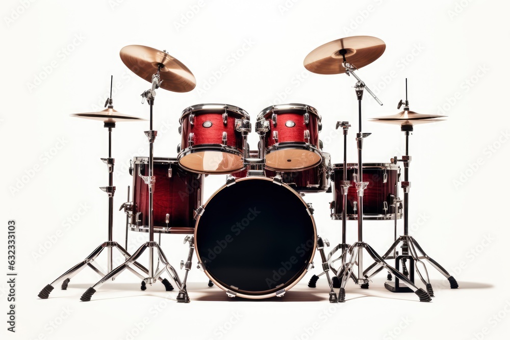 Fototapeta premium A vibrant red drum set against a clean white backdrop created with Generative AI technology