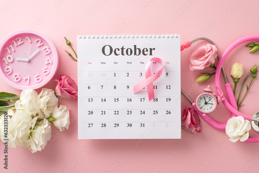 Breast cancer awareness arrangement. Top view flat lay featuring October calendar, stethoscope