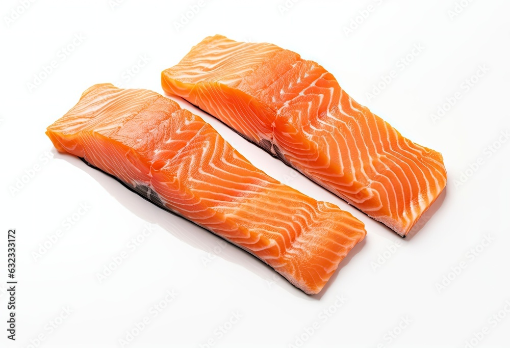 Two pieces of fresh salmon on a clean white background created with Generative AI technology