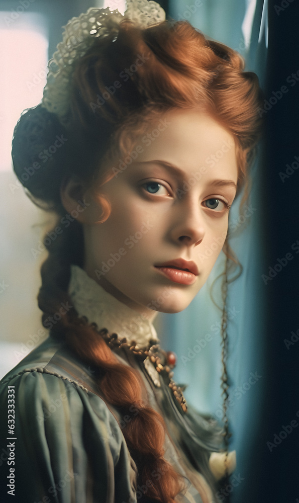 Fototapeta premium Enchanting Portrait of a Beautiful Red-haired Woman with Captivating Light Eyes - Generative AI Photo