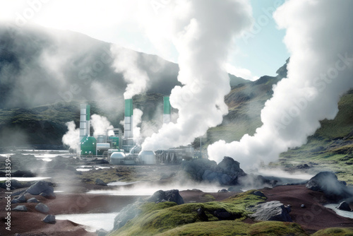 Sustainable power. The geothermal power station stands tall against a mountainous backdrop, symbolizing a green energy future and environmental conservation
