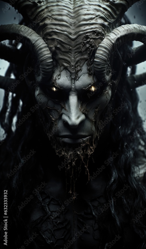 A close up of a demon with long hair. AI.