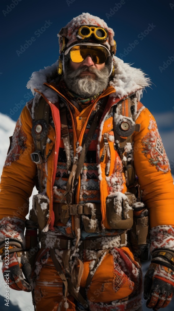 A man with a beard wearing a jacket and goggles. AI. A man with a beard wearing a jacket and goggles. AI.