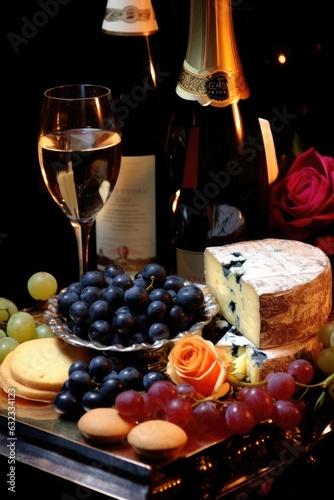 A plate of cheese, grapes, and a bottle of wine. AI.