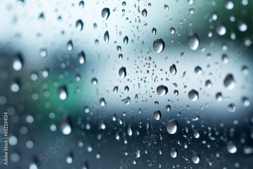 Shiny raindrops splashes falling cascading down wet glossy foggy glass window car outdoor during rainy stormy day backdrop. Close-up processes motion of beautiful clear fresh water background texture