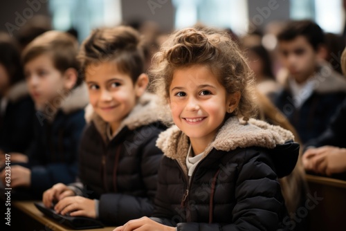 A group of young children sitting in a classroom. AI.