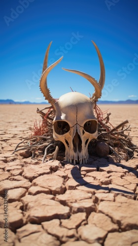 A skull with horns is sitting in the desert. AI.