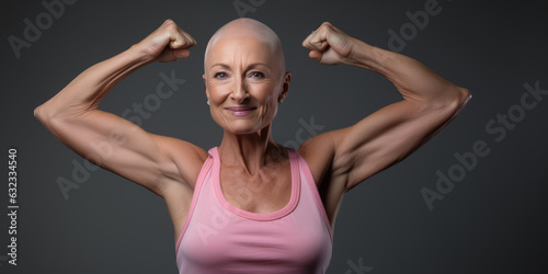 Beautiful bald woman fighting breast cancer, powerful woman and clasps her arms like a survivor.