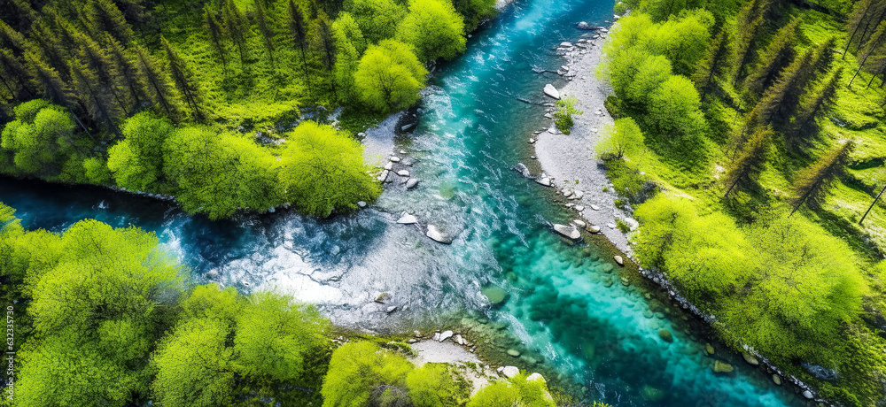 Aerial Vertical View Over The Surface Of A Mountain River. Beautiful natural scenery of river . drone aerial birds eye view of a large green grass forest with tall trees, digital ai
