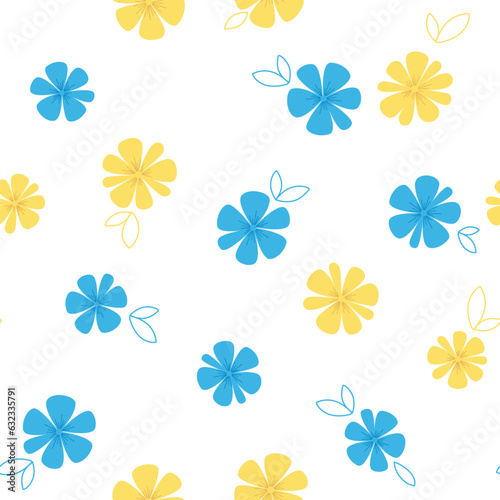 Floral seamless pattern. Blue and yellow flowers, leaves in decorative style. Vector design for paper, cover, fabric, interior decor, card, print and web.