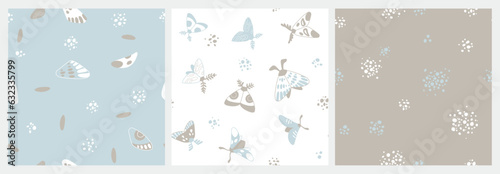 Set of seamless pattern in hugge style. Moths, butterflies, wings, specks, polka dots in decorative style on pastel colors. Vector cozy design for paper, fabric, wallpaper, textiles, interior design