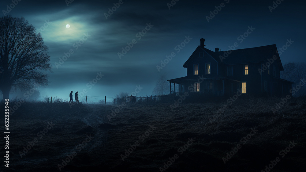 spooky old farm house in the moonlight 