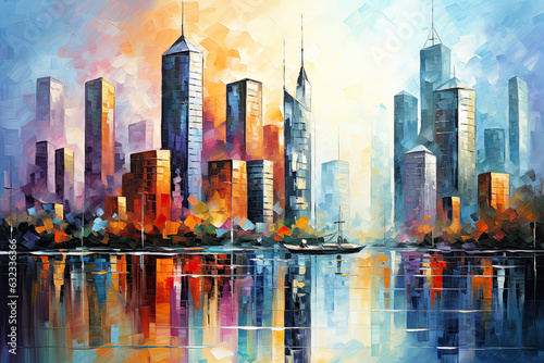 Abstract Oil Painting of Skyscrapers. Cityscape Paronarama. Canvas Texture, Brush Strokes.