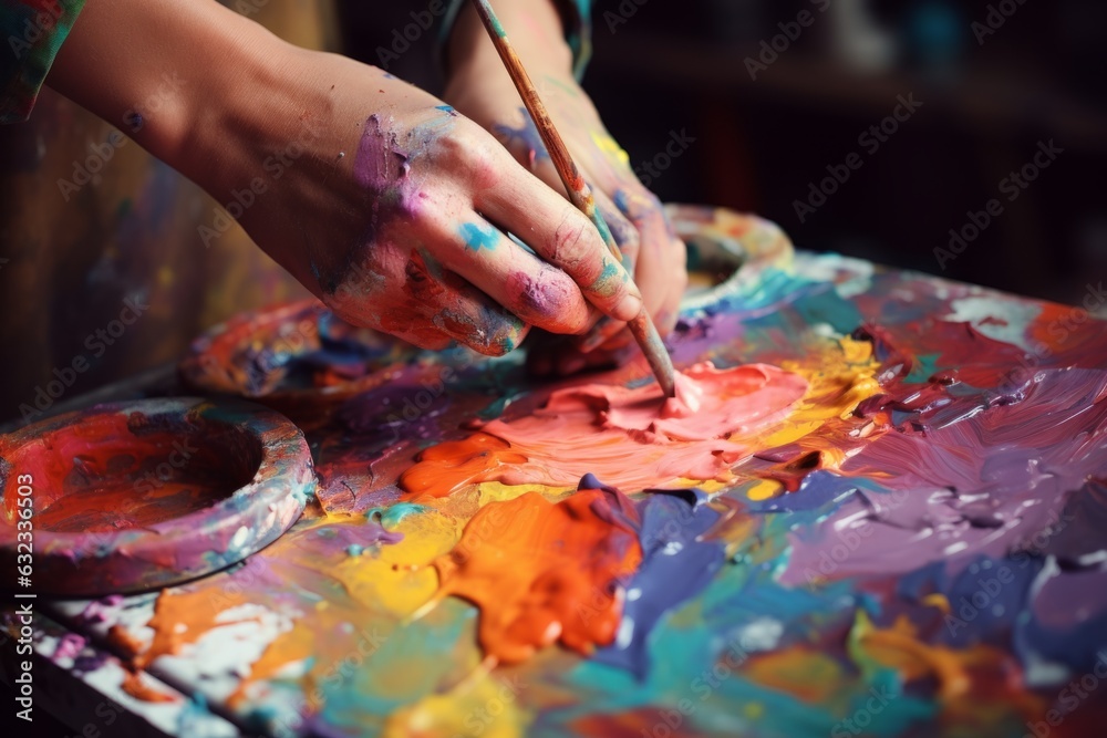 Obraz premium Close up artists hands unrecognizable painter woman man female male dirty palms painted painting creating art therapy paints colors drawing with brush paintbrush colorful picture artwork hobby draw