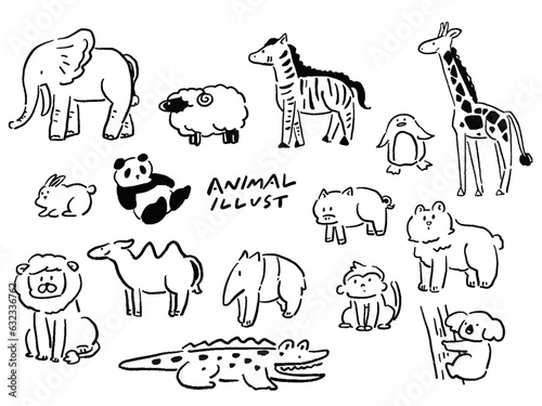 ゆるい手描き風動物のイラストセット(単色)