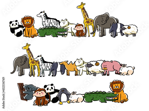 横並びのゆるい手描き風動物のイラストセット