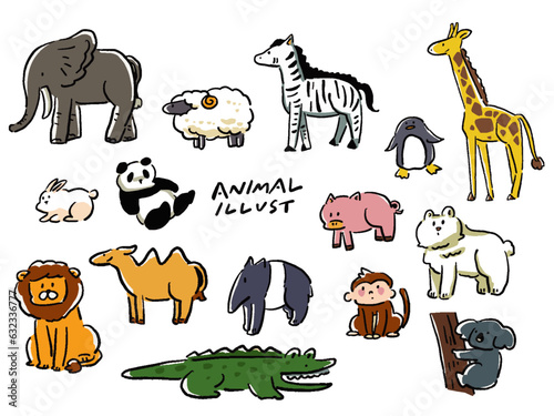 ゆるい手描き風動物のイラストセット