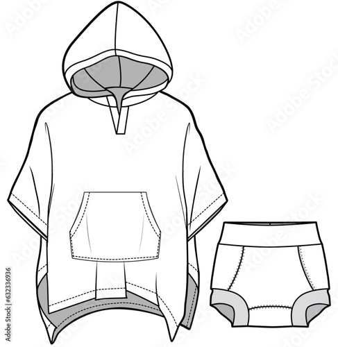 kids hooded towel beach cover up flat sketch vector illustration technical cad drawing template