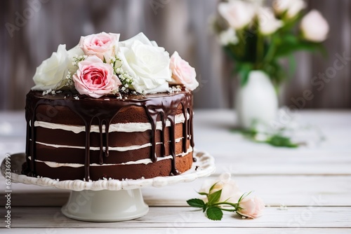 Chocolate cake with flowers on cake stand on white wooden table