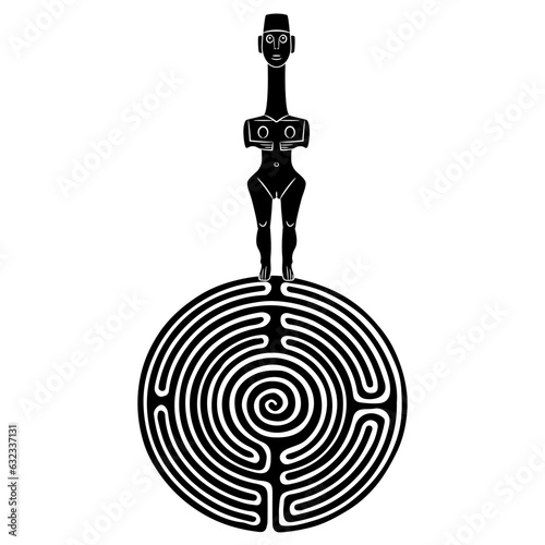 Cycladic idol with a long neck standing on a round spiral maze or labyrinth symbol. Ancient Greek female figurine of Neolithic fertility goddess. Black and white silhouette.