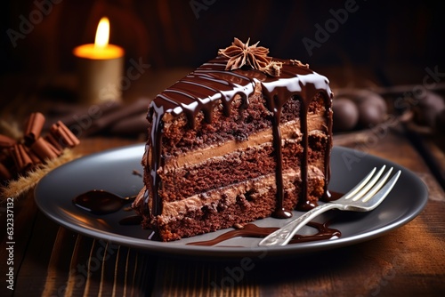 Piece of chocolate cake on plate on brown wooden table