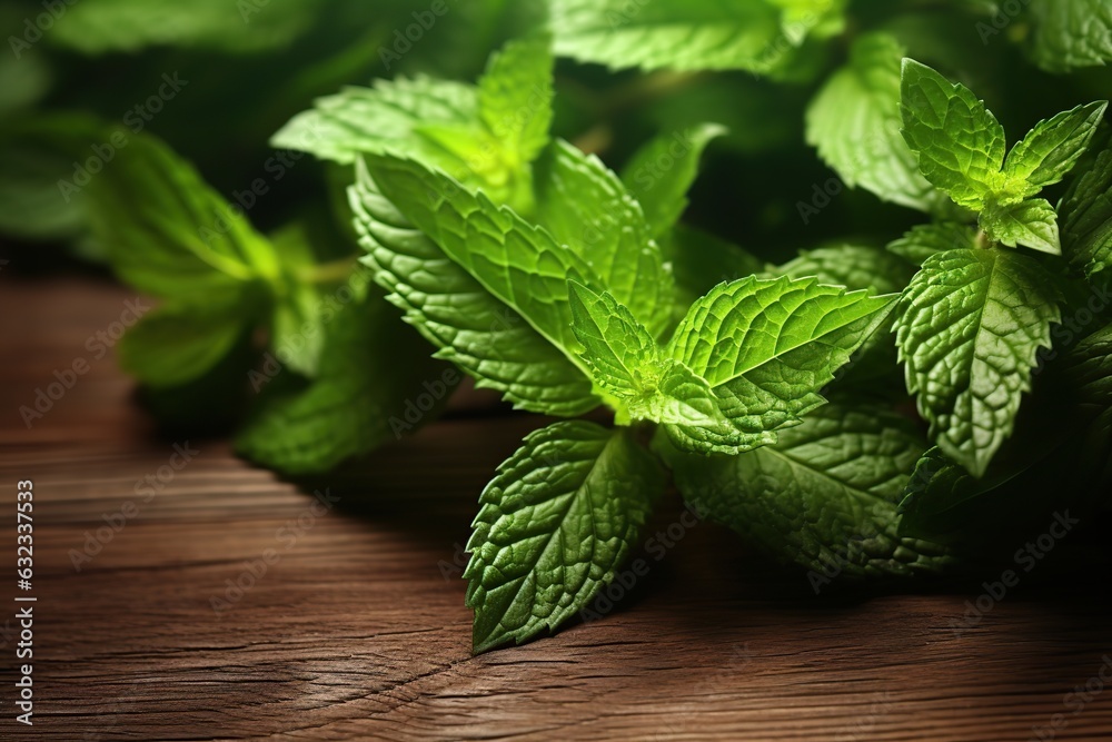 Fresh mint leafs on brown wooden background Fresh mint leafs on brown wooden background
