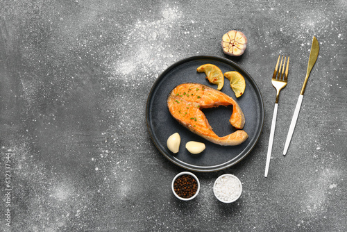 Plate of tasty salmon steak...