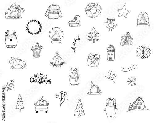 Christmas Graphics Set Vector Cutting Files Winter Snow Items Santa Claus Doodle Xmas Tree Snowman Mistletoe Presents Candy Noel Cricut Drawing Collection Transparent Isolated Illustrator PNG JPG SVG