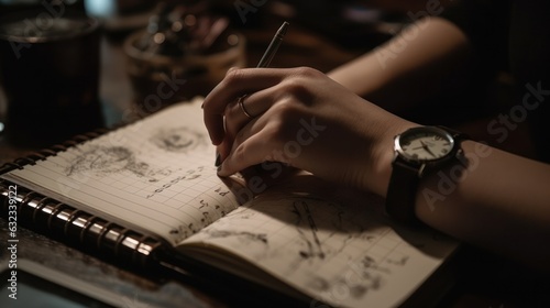 male hand drawing storyboard conceptual ideas with watch in the background, hard work sketching art concept. AI Generative