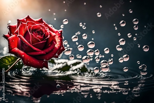 Fototapeta Naklejka Na Ścianę i Meble -  red rose with water droplets, A highly realistic rose, adorned with glistening water droplets, presents a mesmerizing sight