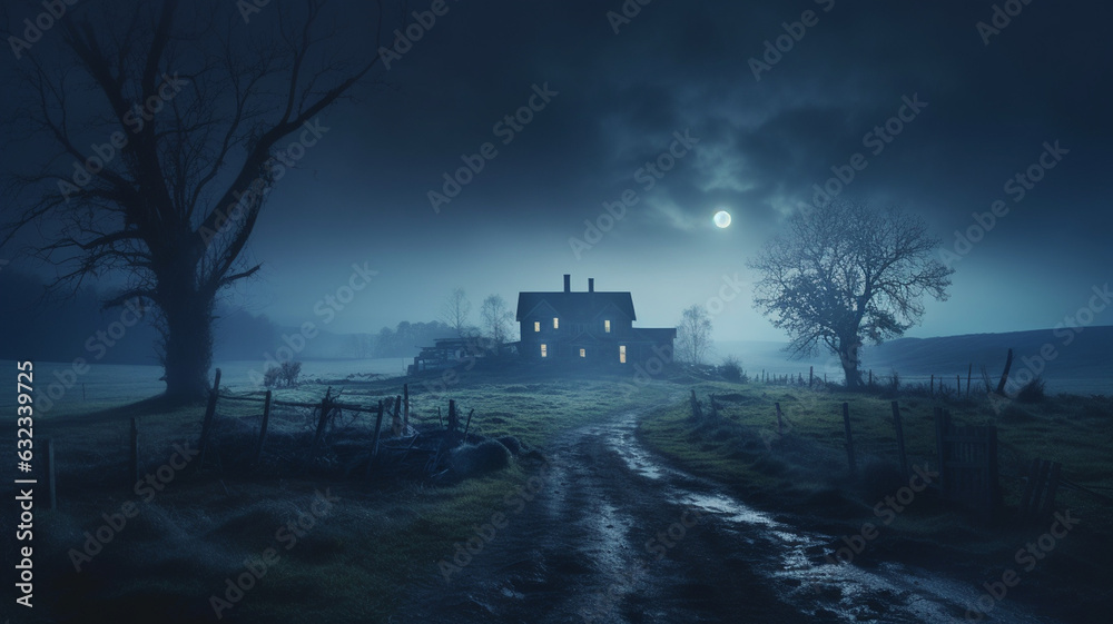 haunted farm house under the moonlight 