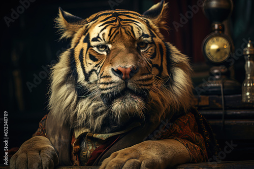 A wise and elderly tiger sitting in an old wooden office