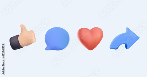 3d social media icons. Like, Comment, and Share. Icon set of social media icons inspired social media. Thumb up and heart icon. Vector like and love icon. Ready like love button web. 3D UI icons set