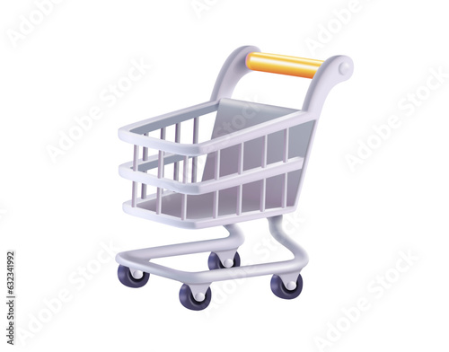 3D shopping cart isolated on white background in 3d realistic style. Shopping online, ecommerce, shopping basket. UI icon of empty shopping cart. Vector illustration