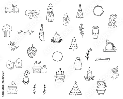 Christmas Graphics Set Vector Cutting Files Winter Snow Items Santa Claus Doodle Xmas Tree Snowman Mistletoe Presents Candy Noel Cricut Drawing Collection Transparent Isolated Illustrator PNG JPG SVG